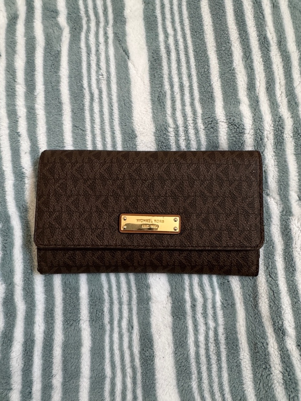 Michael Kors Dark Brown Logo Continental Wallet with Gold Plaque